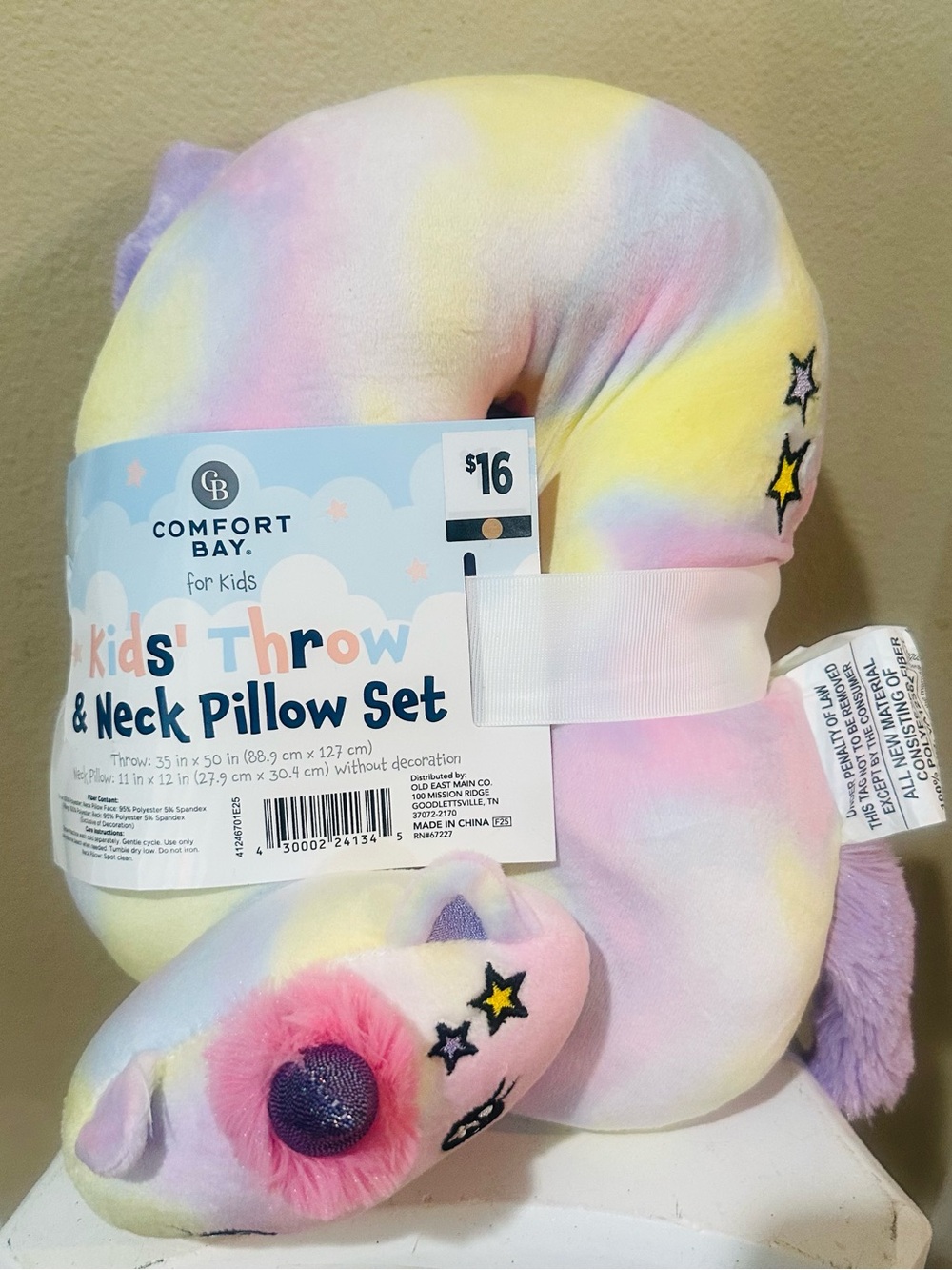 Comfort Bay Pastel Tie-Dye Unicorn Neck Pillow for Kids